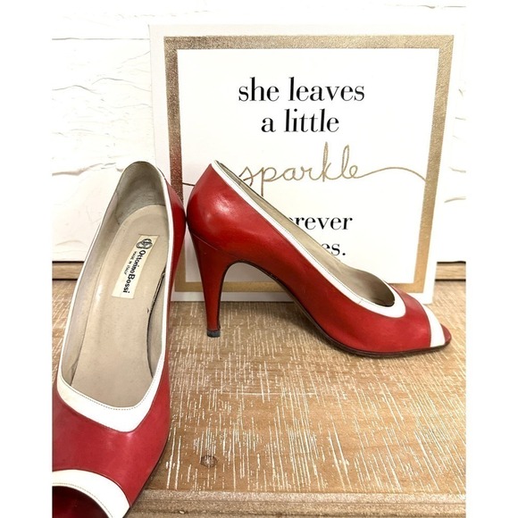 VTG Ottorino Bossi Italian Leather Pumps Red White Trim Open Toe EU 38/US 7.5B - Picture 2 of 7